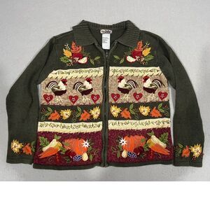 Fall Chicken Thanksgiving Flower Knit Vintage Green Granny Zip M Sweater RN83437